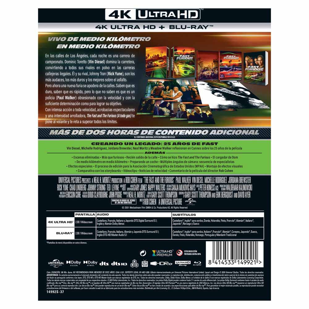 The Fast and the Furious (A Todo Gas) 25º Aniversario - Edición Coleccionista 4K UHD + Blu-Ray